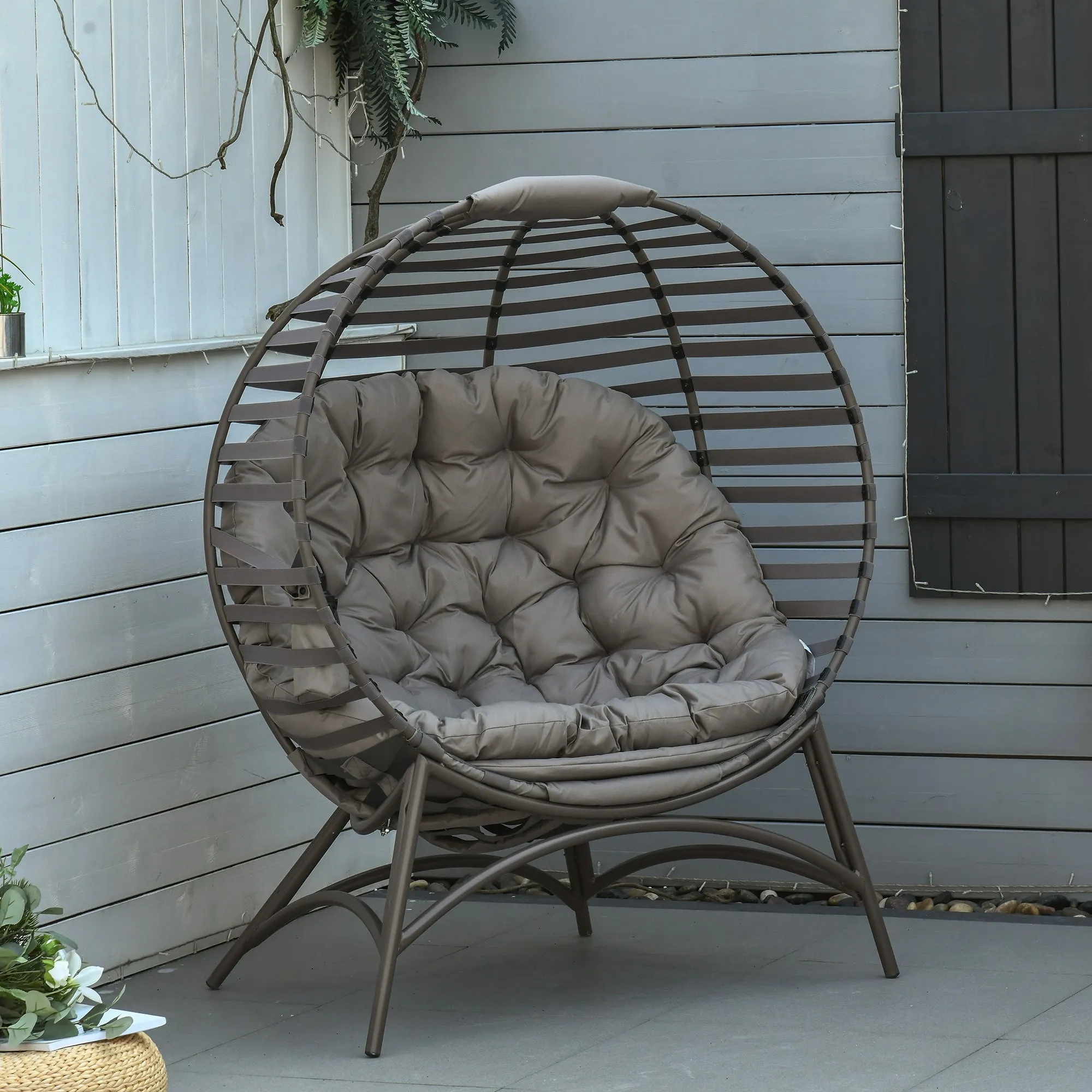 2 Seater Egg Chair with Soft Cushion, Steel Frame and Side Pocket, Garden Patio Basket Chair for Indoor, Outdoor, Brown