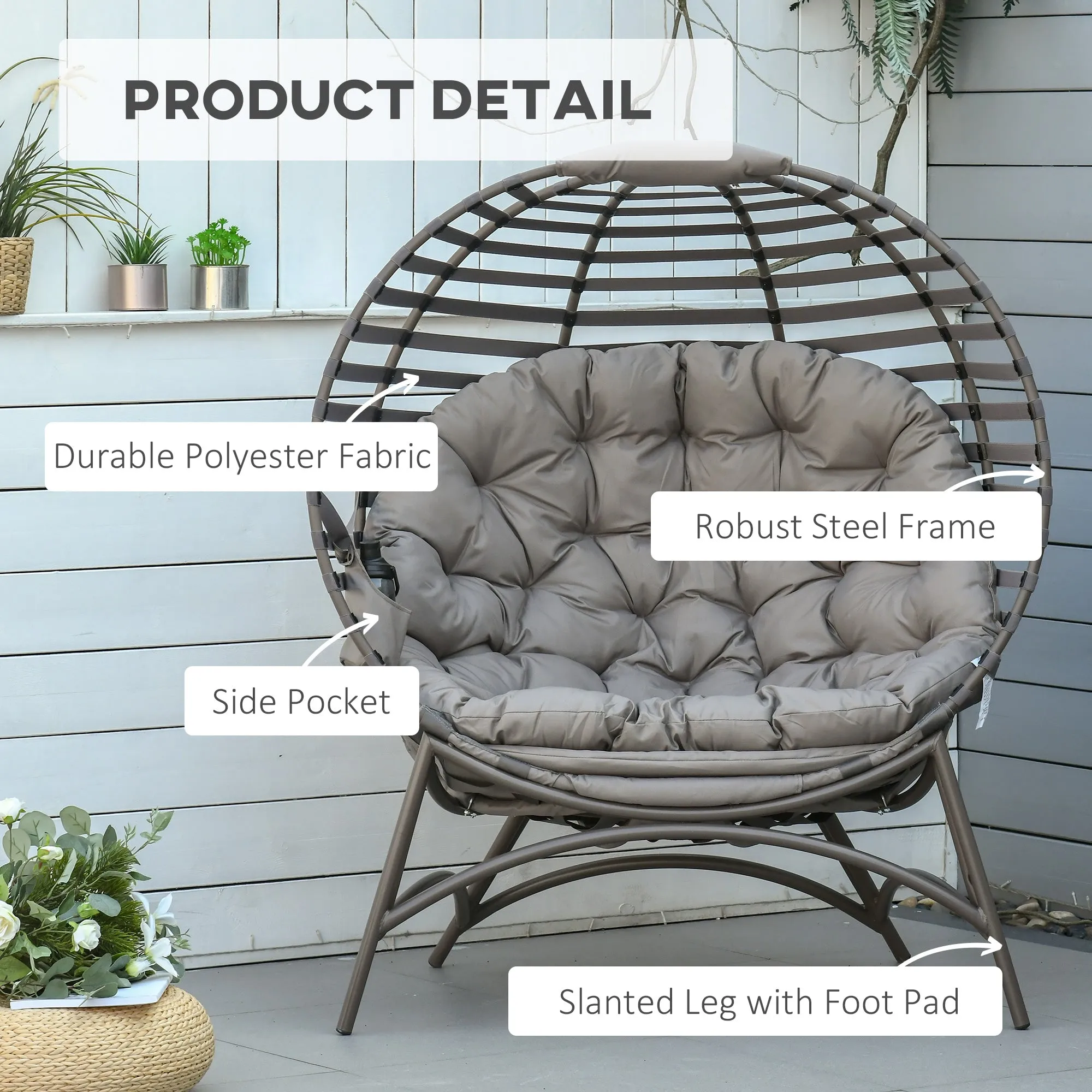 2 Seater Egg Chair with Soft Cushion, Steel Frame and Side Pocket, Garden Patio Basket Chair for Indoor, Outdoor, Brown