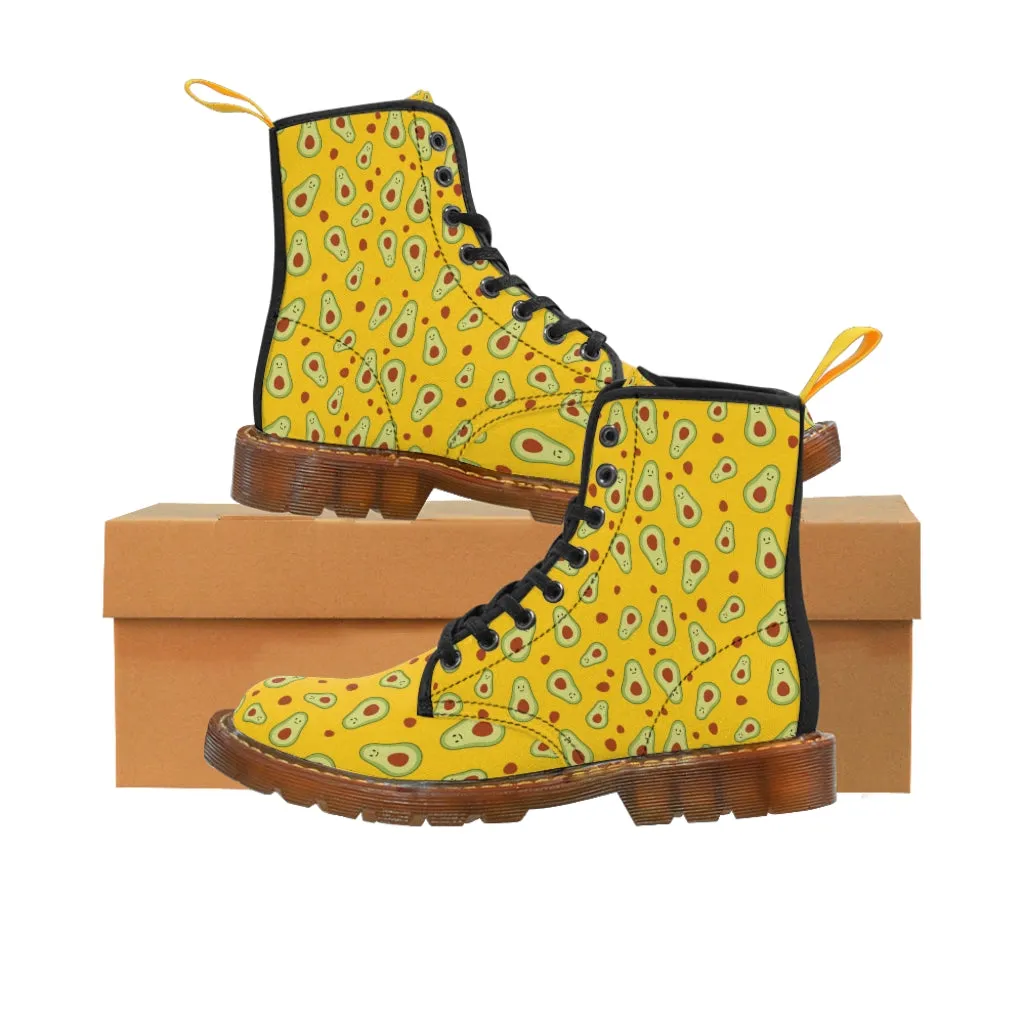 Avocado Women's Canvas Boots, Yellow Winter Laced Up Combat Boots For Vegan Loving Ladies