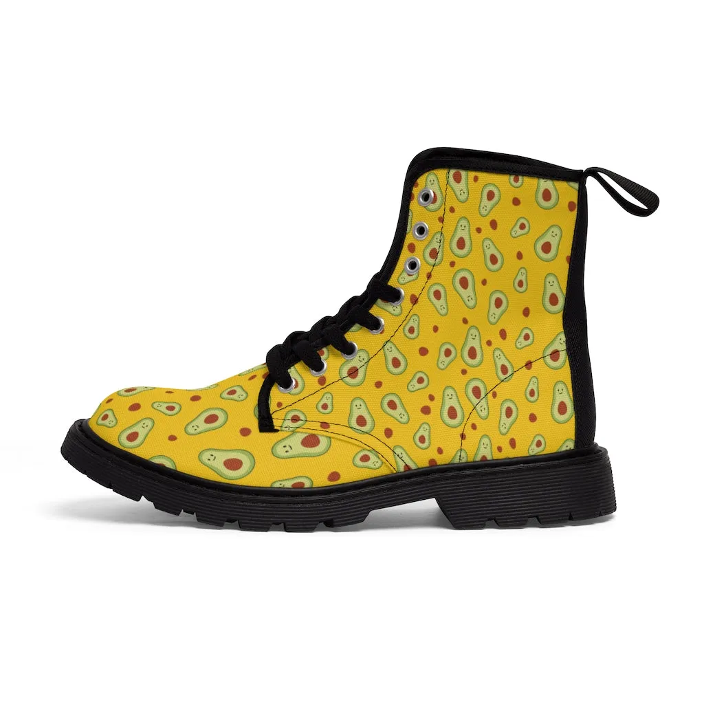 Avocado Women's Canvas Boots, Yellow Winter Laced Up Combat Boots For Vegan Loving Ladies