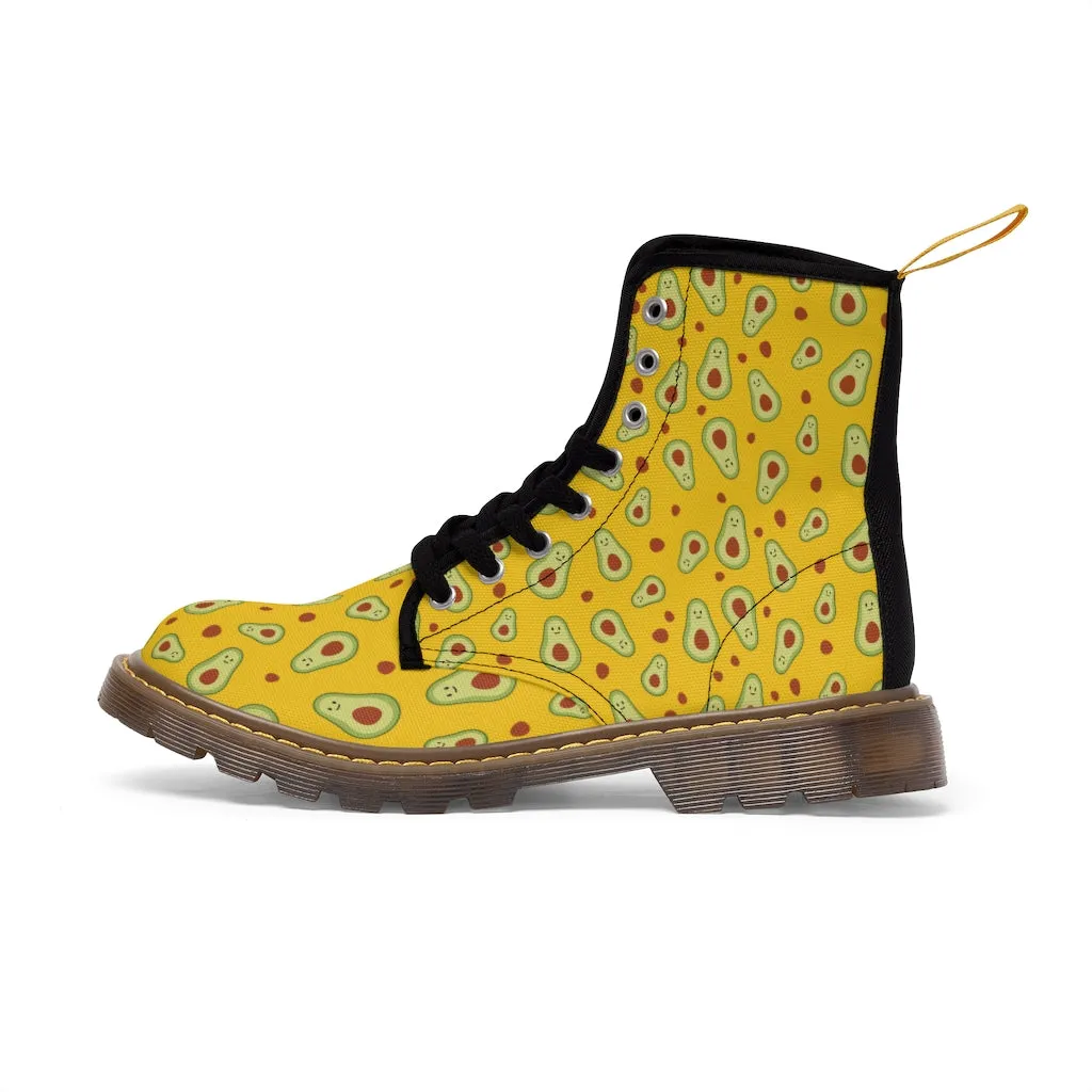 Avocado Women's Canvas Boots, Yellow Winter Laced Up Combat Boots For Vegan Loving Ladies