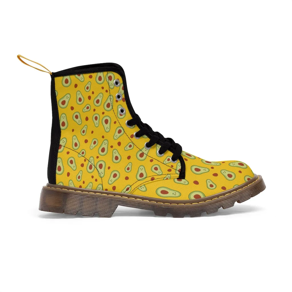 Avocado Women's Canvas Boots, Yellow Winter Laced Up Combat Boots For Vegan Loving Ladies