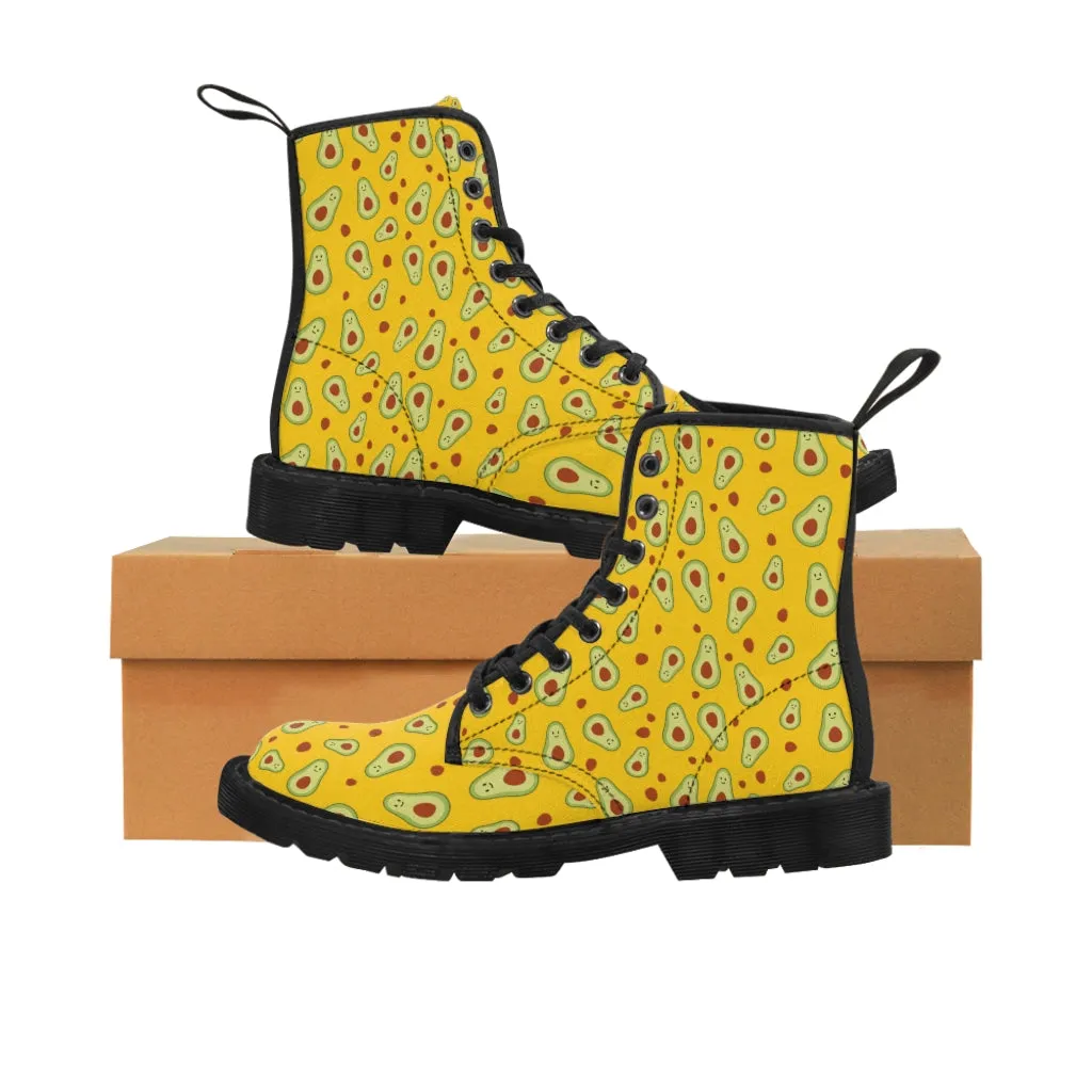 Avocado Women's Canvas Boots, Yellow Winter Laced Up Combat Boots For Vegan Loving Ladies