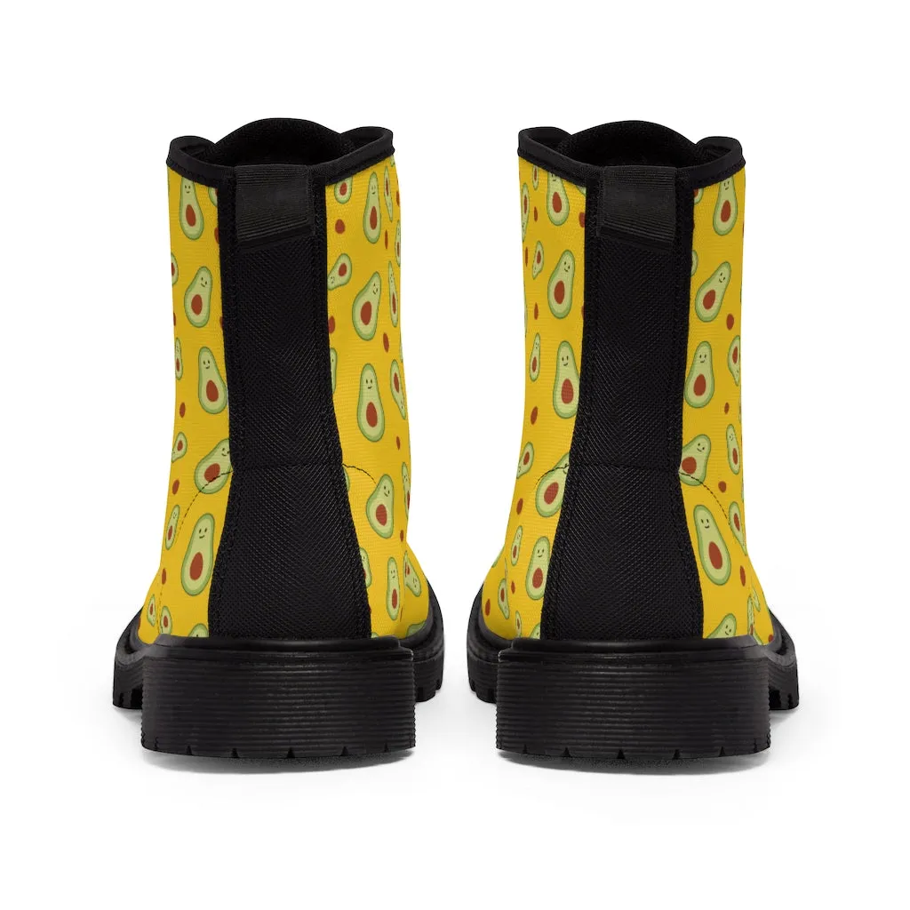 Avocado Women's Canvas Boots, Yellow Winter Laced Up Combat Boots For Vegan Loving Ladies