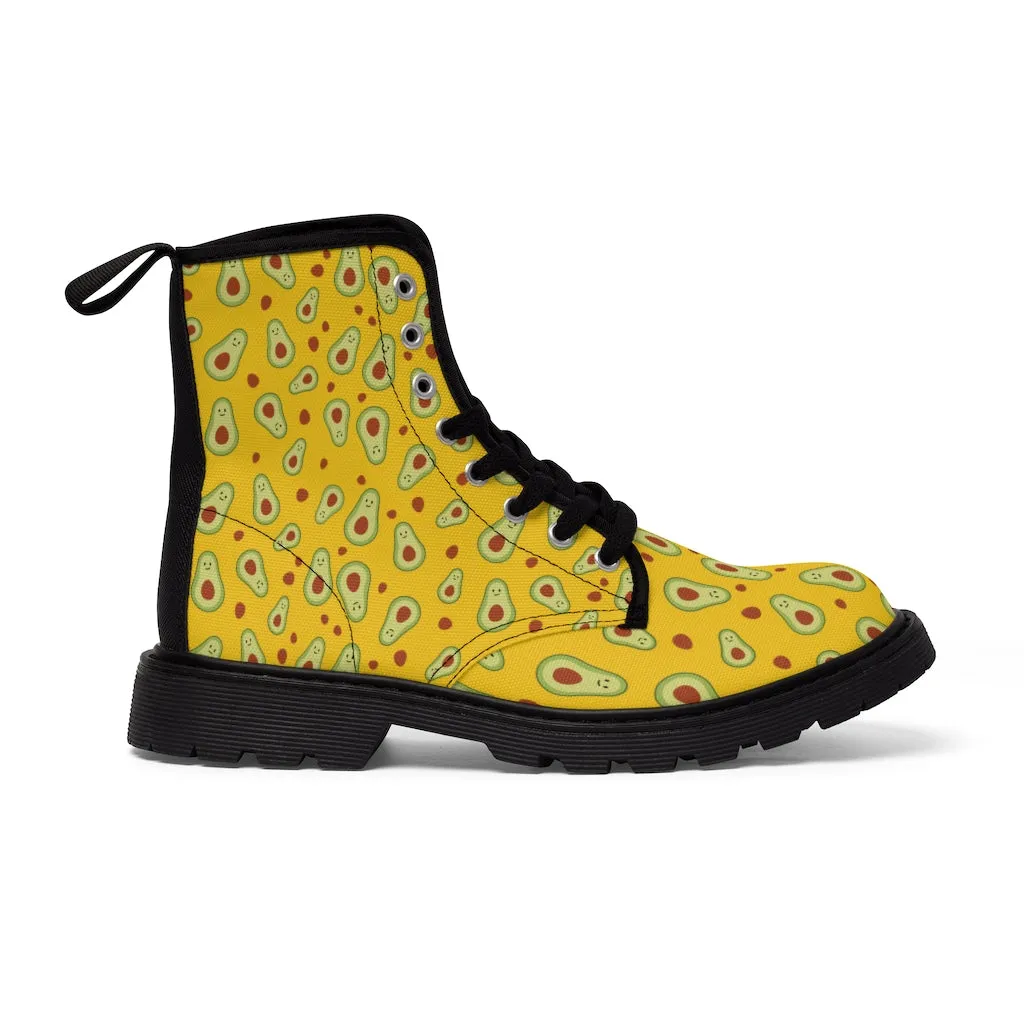 Avocado Women's Canvas Boots, Yellow Winter Laced Up Combat Boots For Vegan Loving Ladies