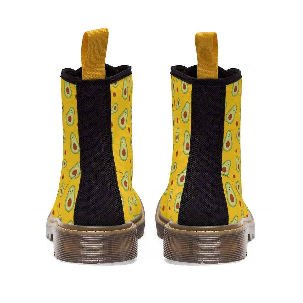 Avocado Women's Canvas Boots, Yellow Winter Laced Up Combat Boots For Vegan Loving Ladies