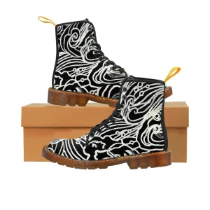 Black Waves Women's Boots, Curvy Waves Pattern Winter Lace-up Toe Cap Boots Shoes