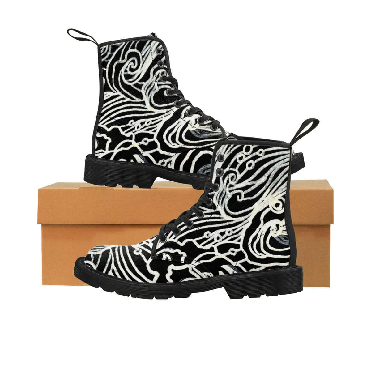 Black Waves Women's Boots, Curvy Waves Pattern Winter Lace-up Toe Cap Boots Shoes