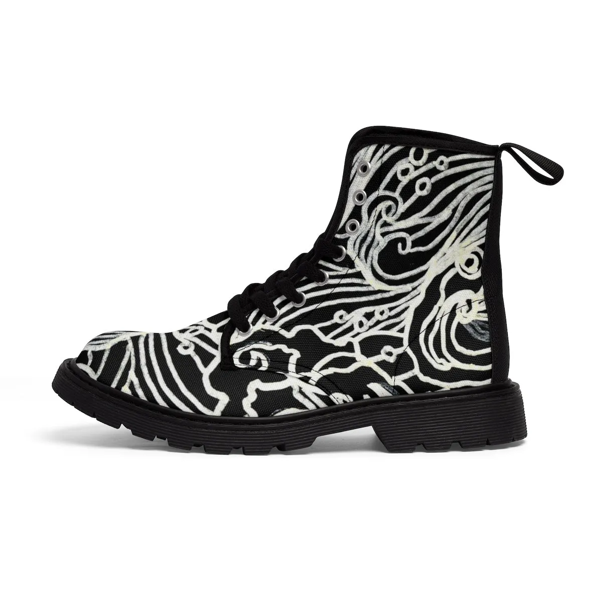 Black Waves Women's Boots, Curvy Waves Pattern Winter Lace-up Toe Cap Boots Shoes