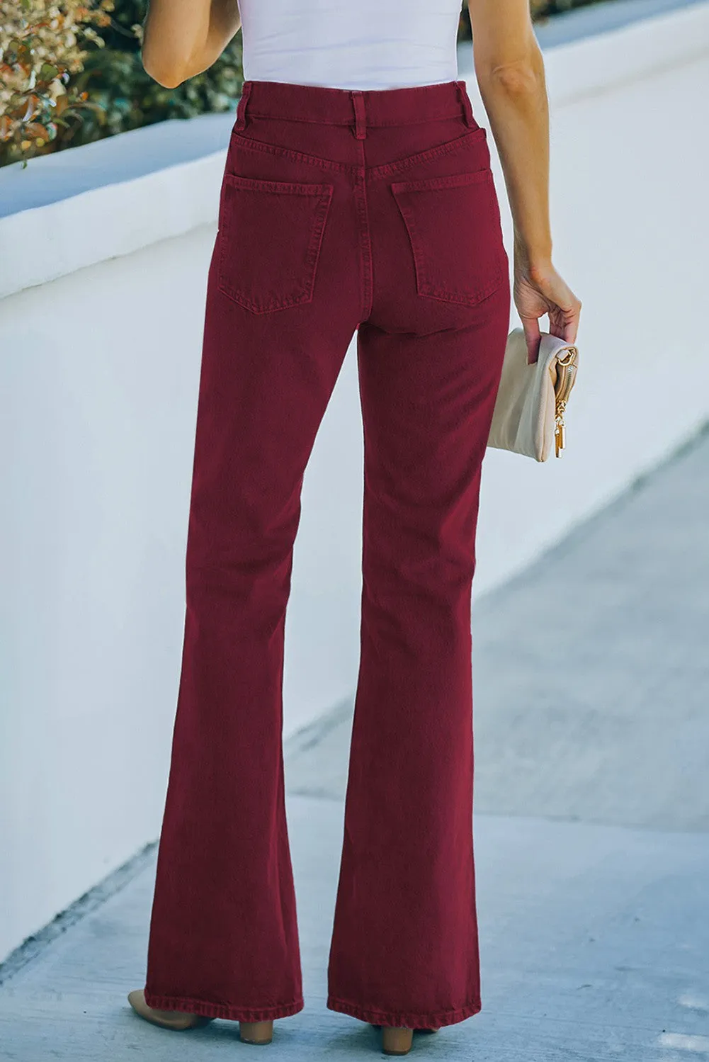 BURGUNDY HIGH WAIST FLARE JEANS