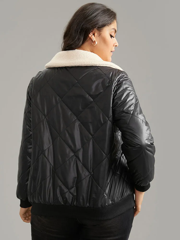 Fuzzy Trim Patchwork Zipper Quilted Jacket