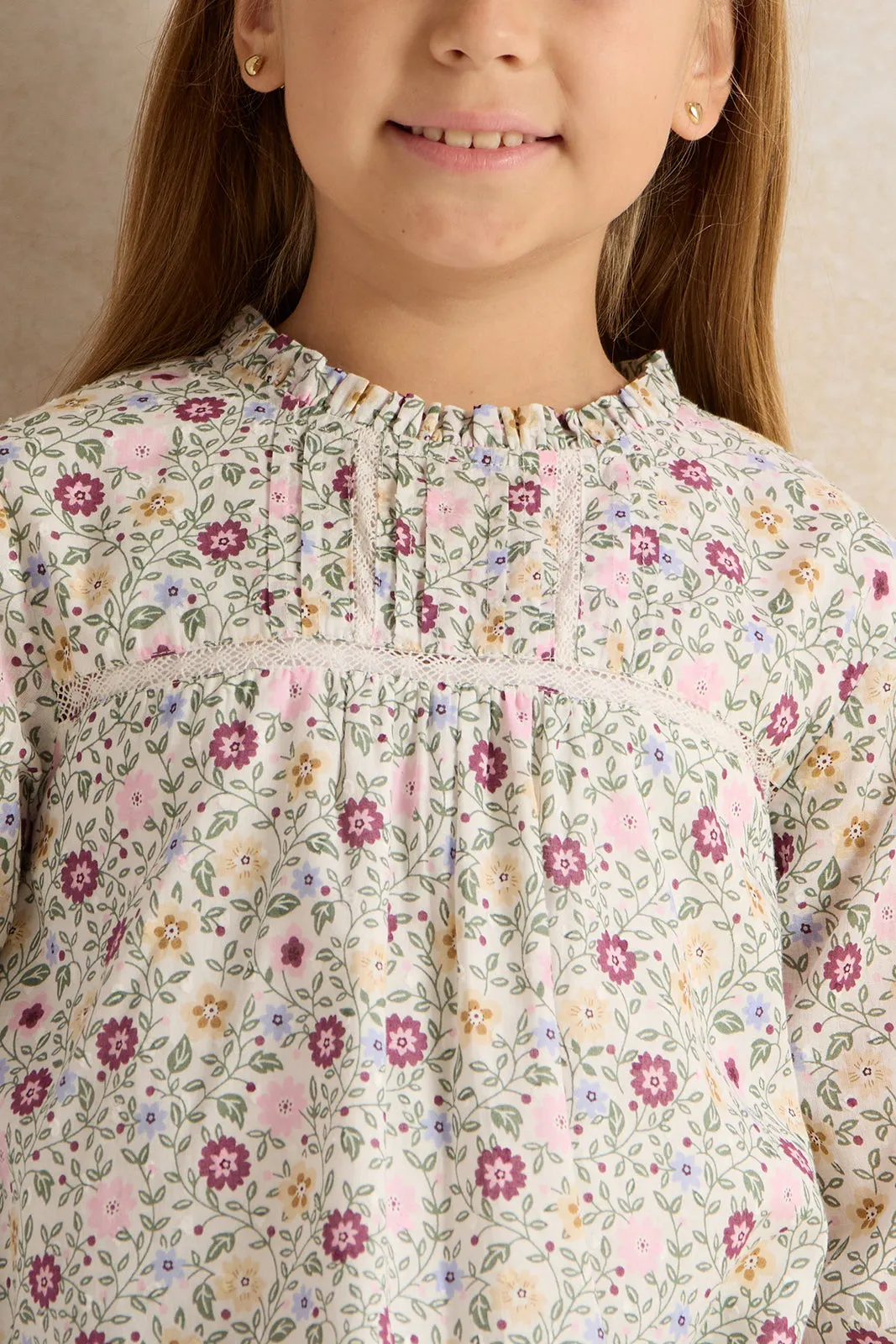 Girls White Floral Printed Blouse