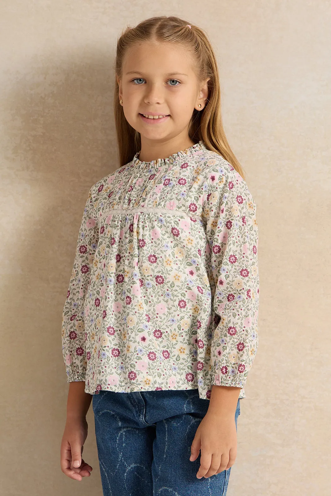 Girls White Floral Printed Blouse