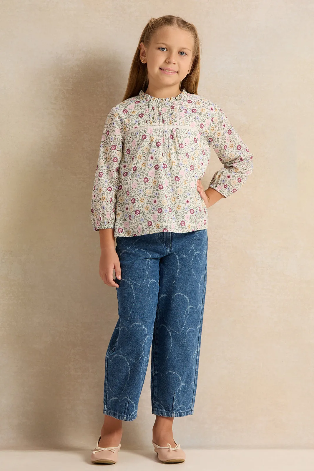 Girls White Floral Printed Blouse