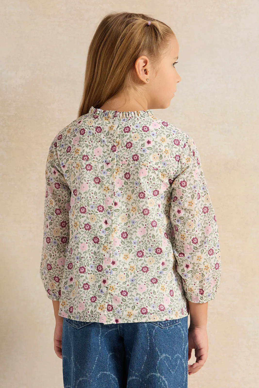 Girls White Floral Printed Blouse