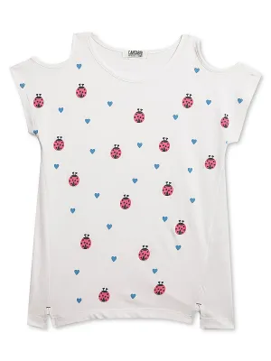 Girls White Round Neck Printed T-Shirt