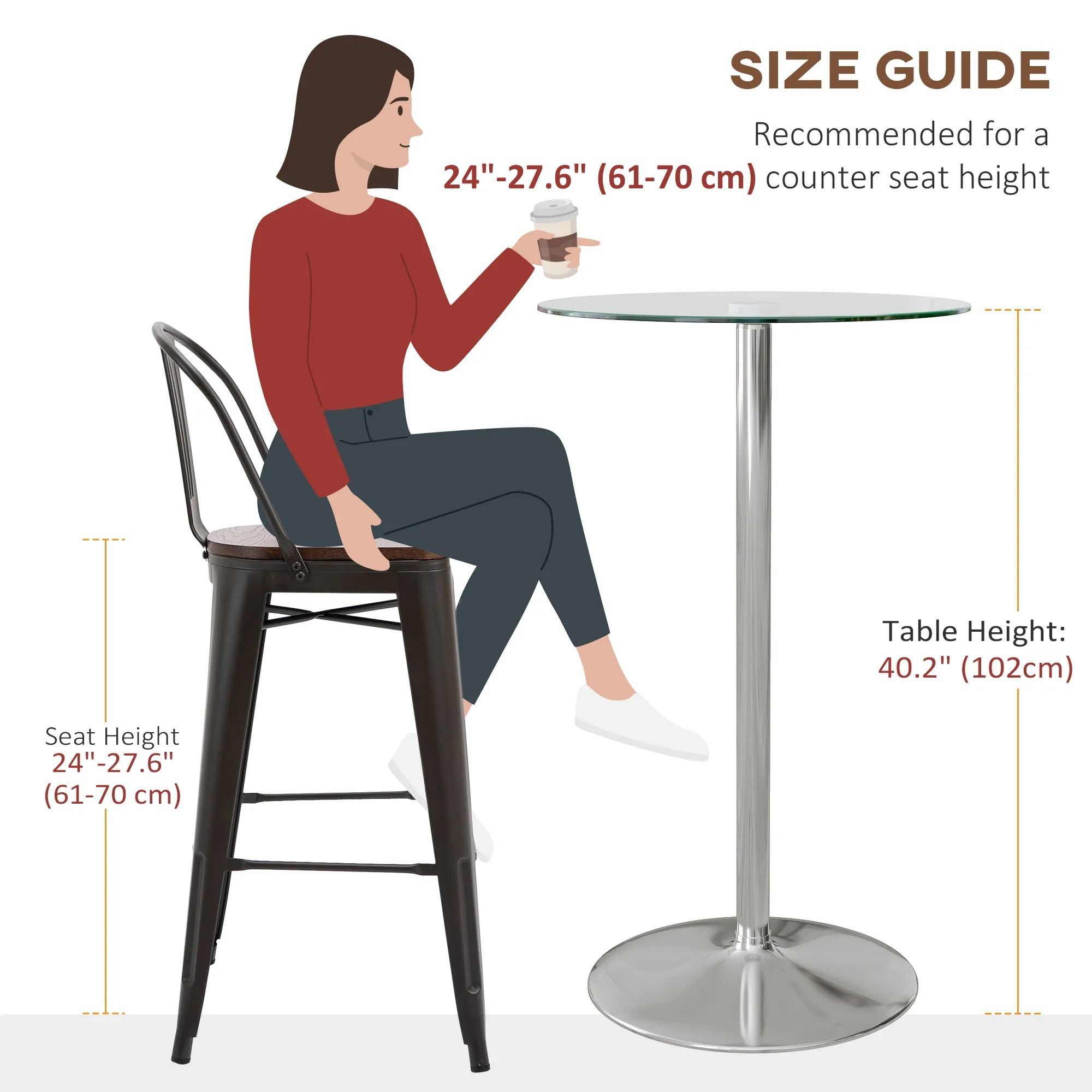 High Top Bar Table, Round Kitchen Table with Tempered Glass Top and Steel Base, Bistro Table for 2 People, Clear