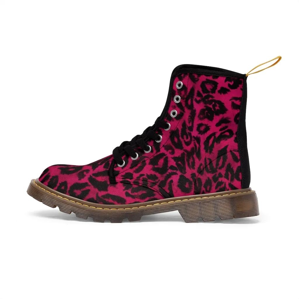 Hot Pink Women's Canvas Boots, Hot Pink Best Leopard Animal Print Winter Boots For Ladies