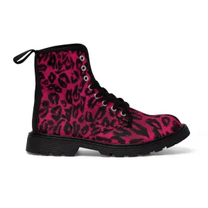 Hot Pink Women's Canvas Boots, Hot Pink Best Leopard Animal Print Winter Boots For Ladies