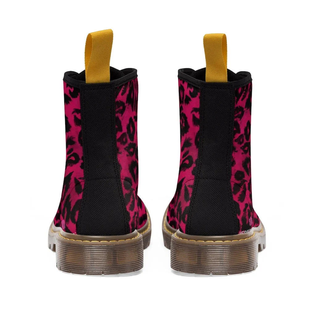 Hot Pink Women's Canvas Boots, Hot Pink Best Leopard Animal Print Winter Boots For Ladies