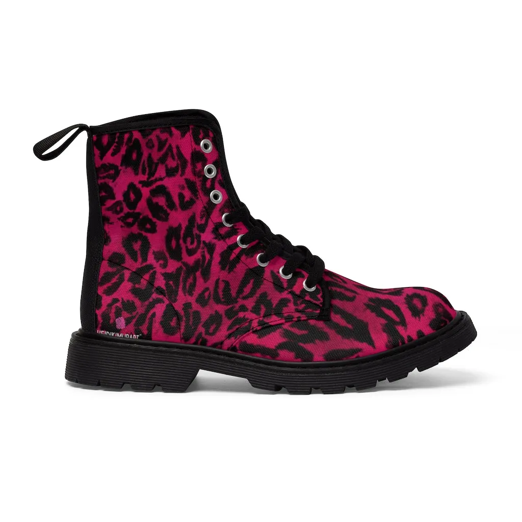 Hot Pink Women's Canvas Boots, Hot Pink Best Leopard Animal Print Winter Boots For Ladies