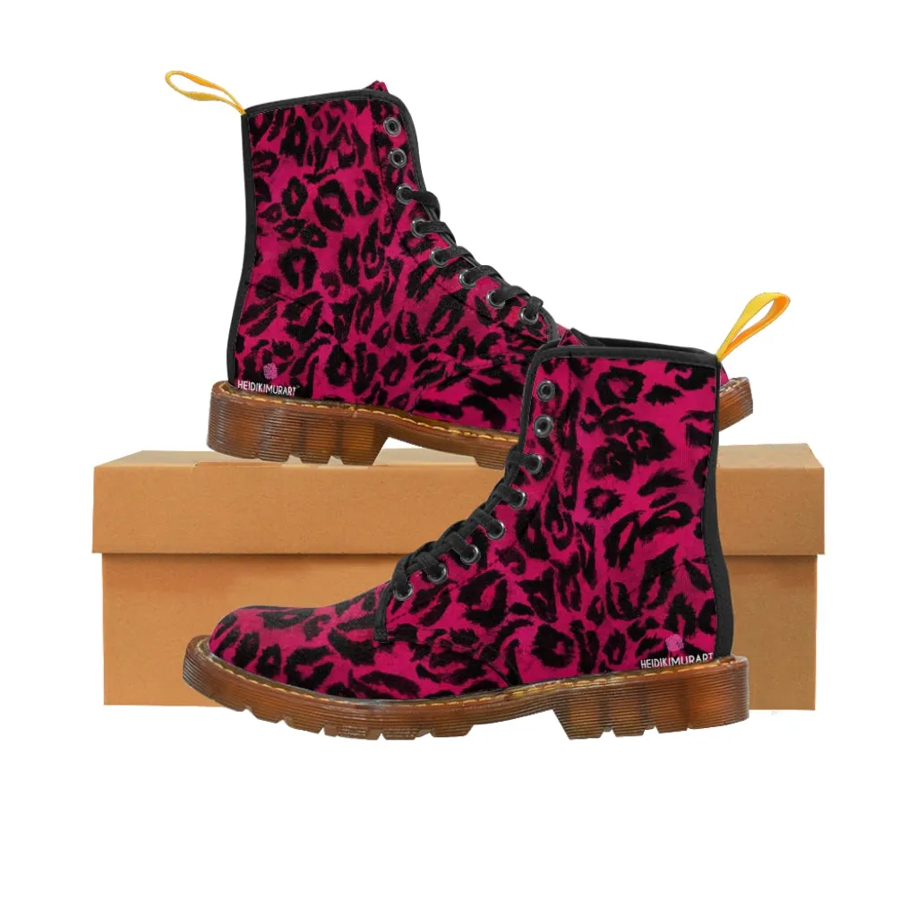 Hot Pink Women's Canvas Boots, Hot Pink Best Leopard Animal Print Winter Boots For Ladies