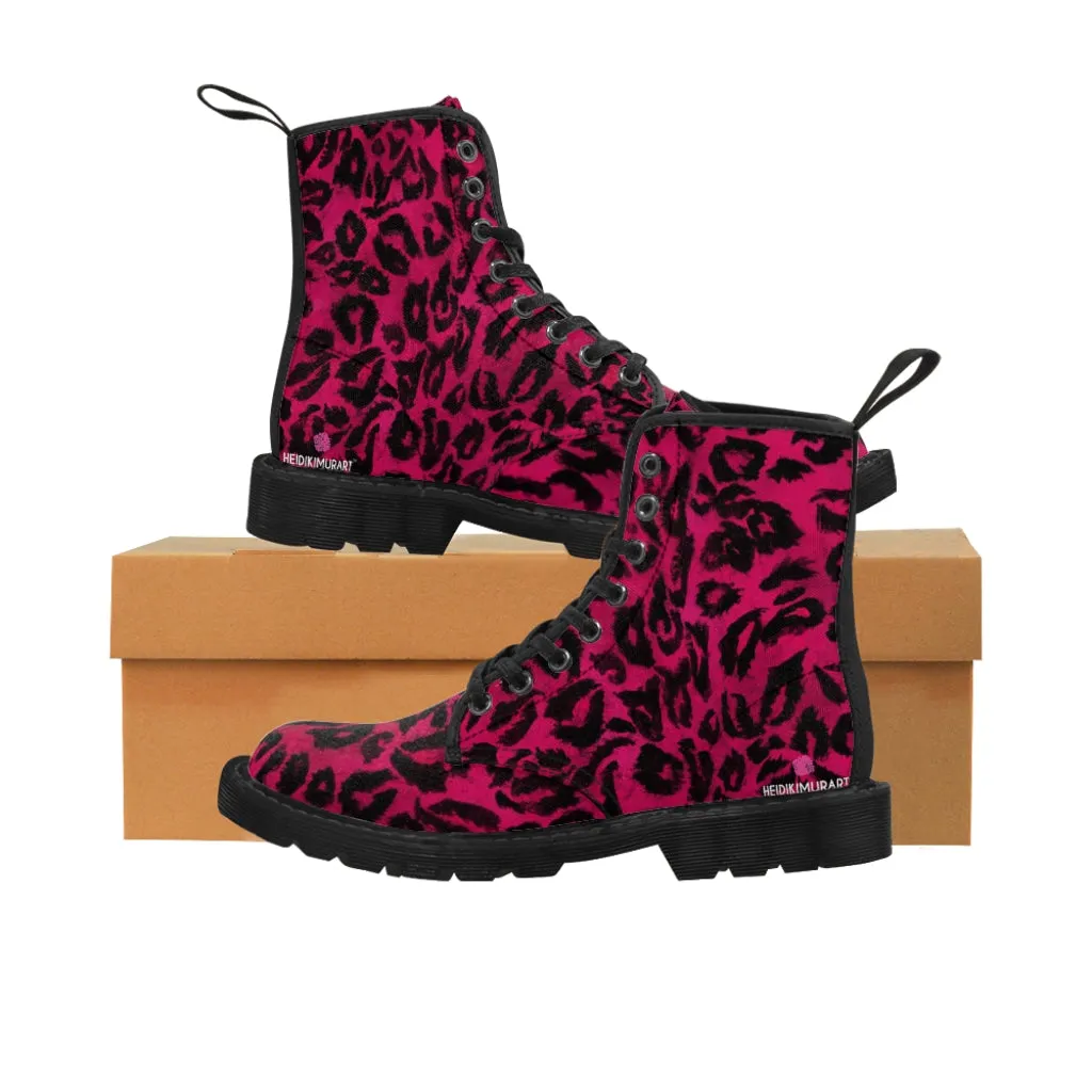 Hot Pink Women's Canvas Boots, Hot Pink Best Leopard Animal Print Winter Boots For Ladies