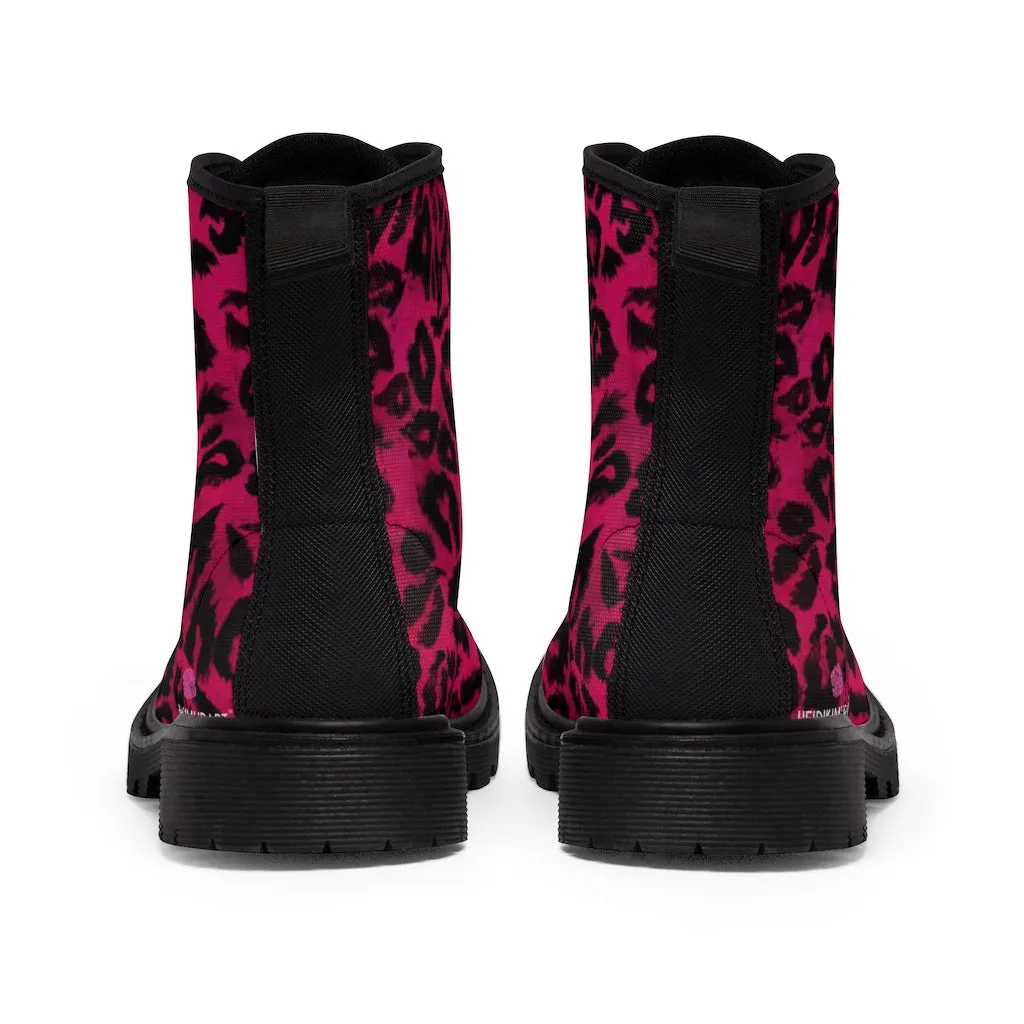 Hot Pink Women's Canvas Boots, Hot Pink Best Leopard Animal Print Winter Boots For Ladies