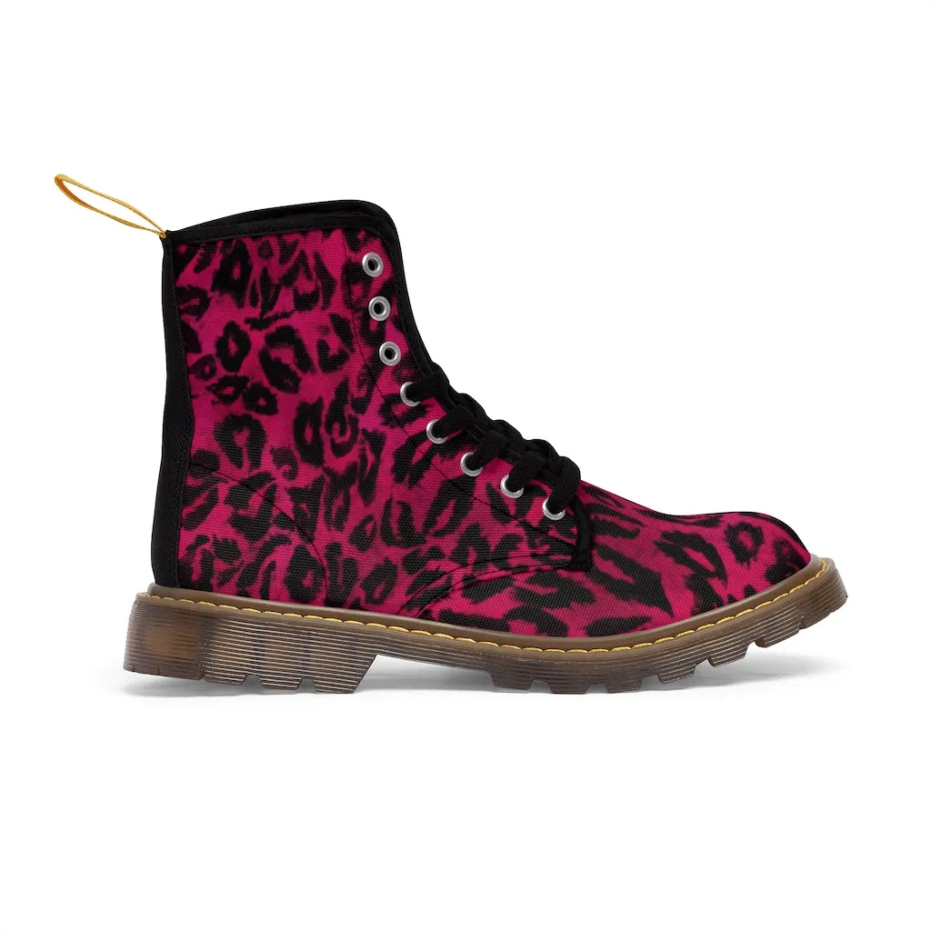 Hot Pink Women's Canvas Boots, Hot Pink Best Leopard Animal Print Winter Boots For Ladies