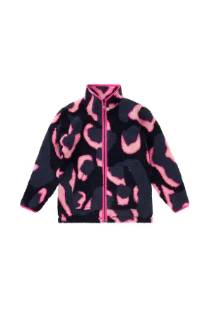 Kids Navy with Pink Mega Shadow Leopard Button Through Fleece Jacket