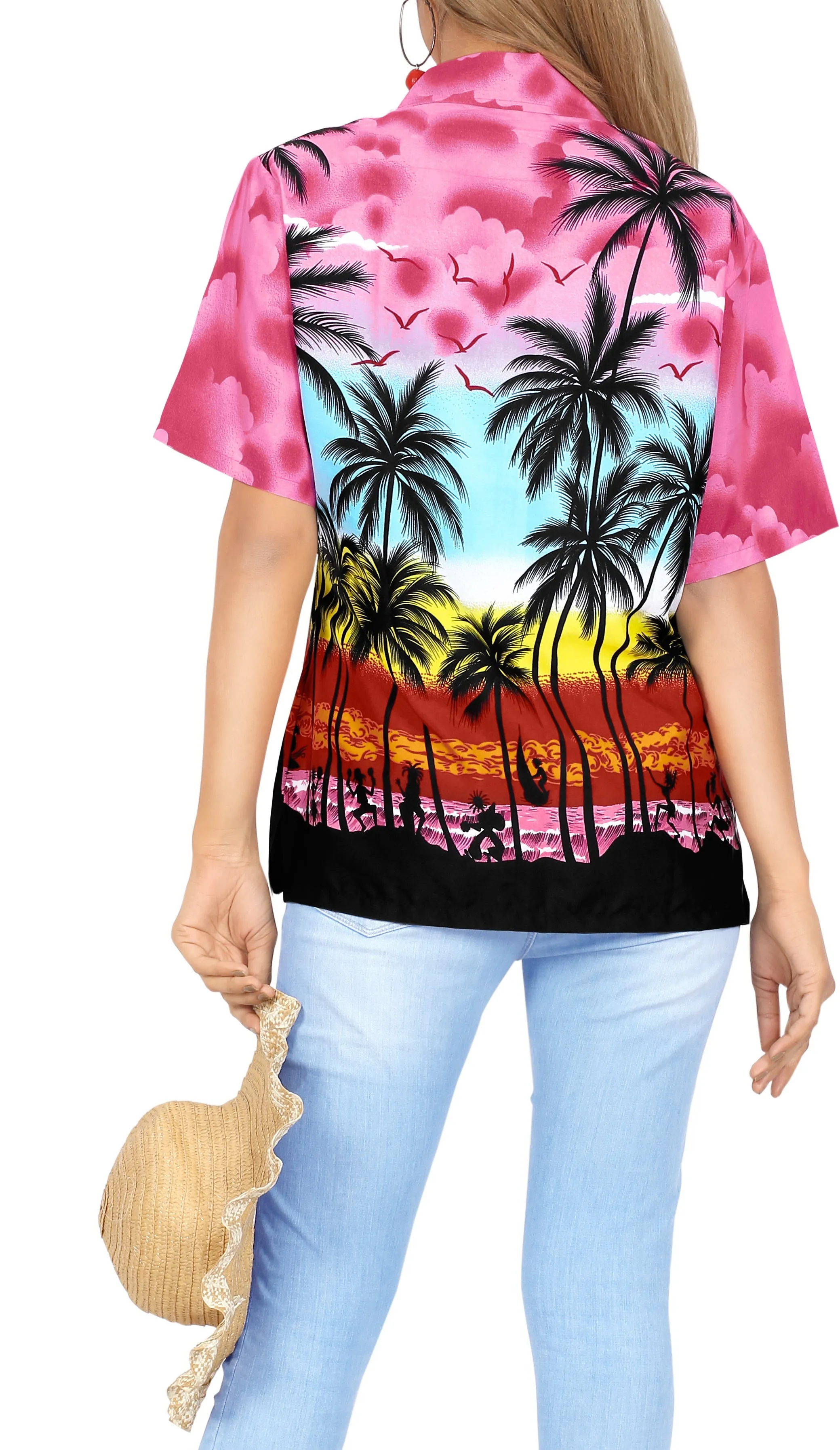 LA LEELA Women's Beach Casual Hawaiian Blouse Short Sleeve button Down Shirt Pink