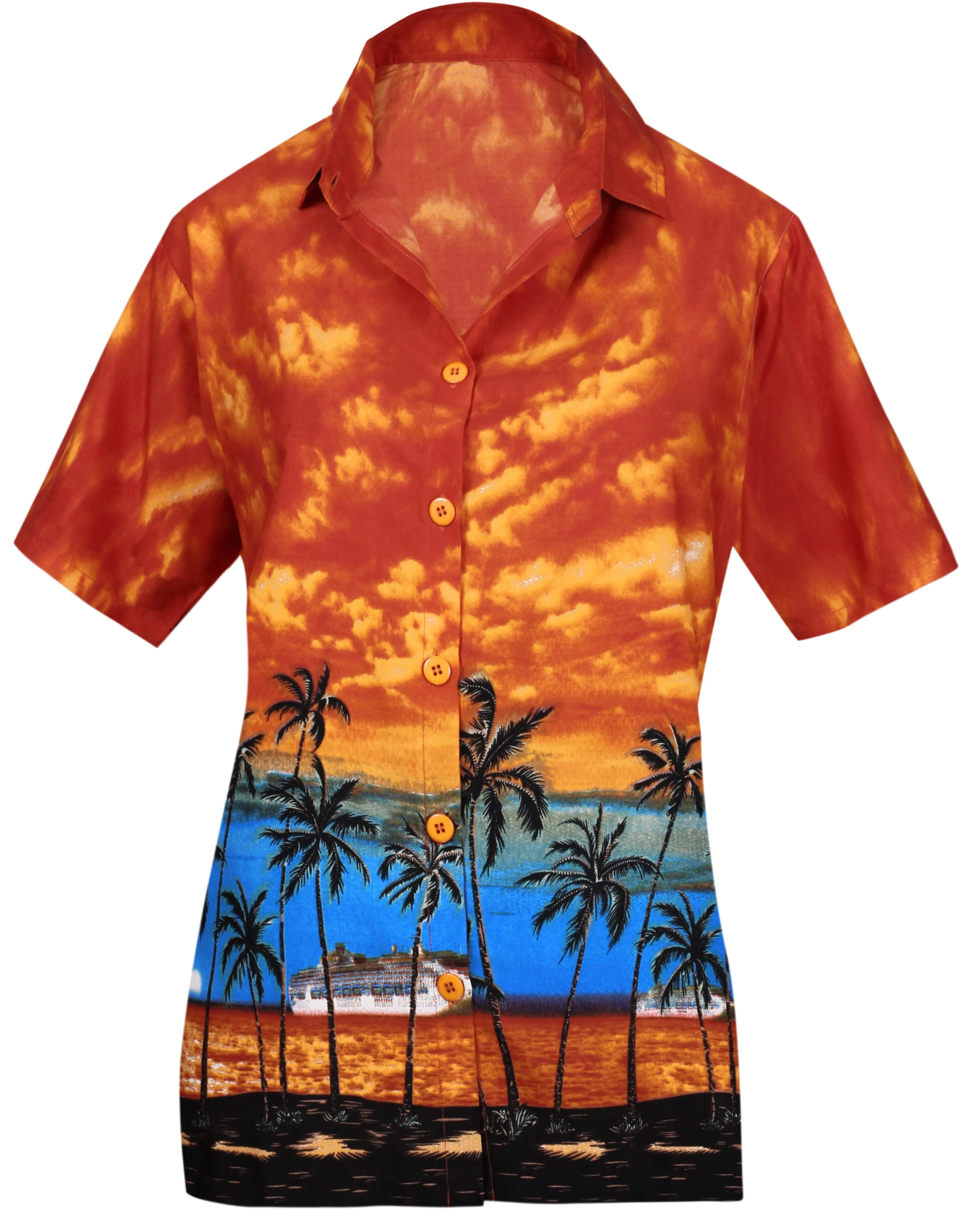 LA LEELA Women's Beach Casual Hawaiian Blouse Short Sleeve button Down Shirt Pumpkin Orange_W915