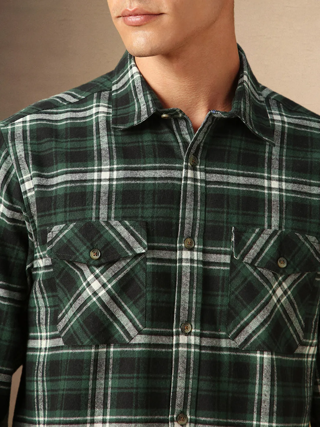 Men's Green Checks Spread Collar Full Sleeves Casual Flannel Shacket