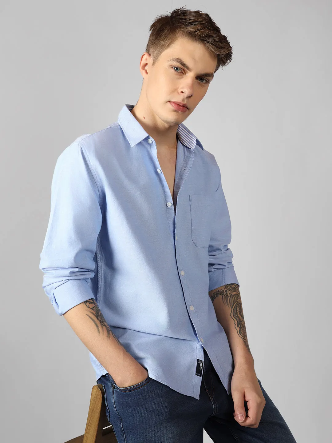 Men's Light Blue Solid Spread Collar Full Sleeve Regular Fit Shirt