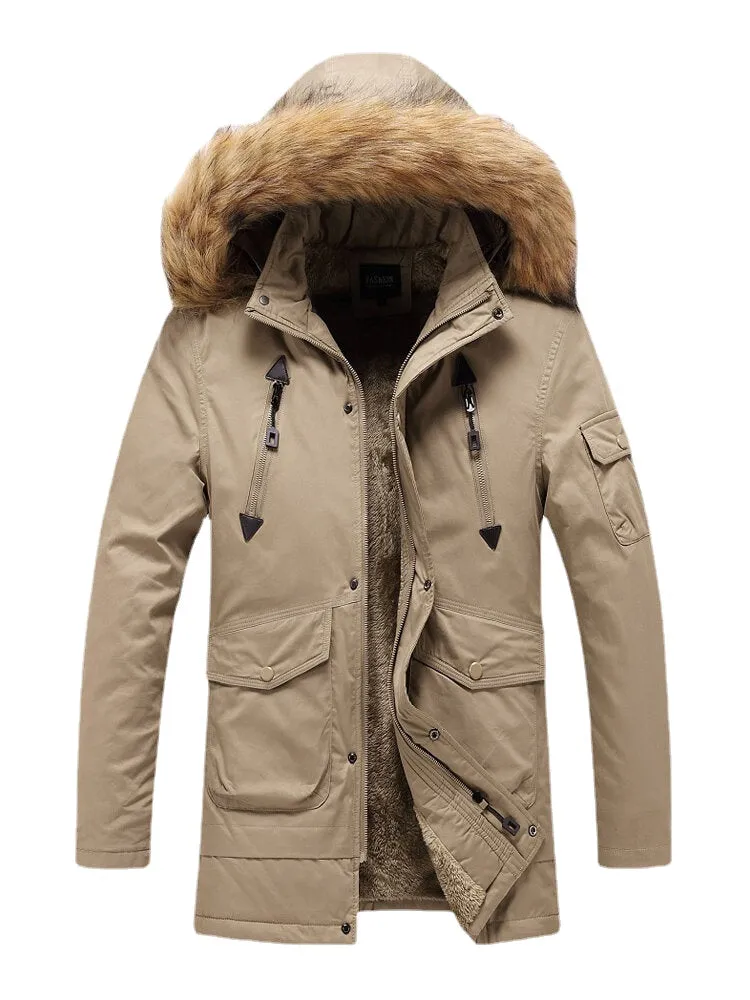 Mens Multi Pocket Detachable Faux Fur Hooded Collar Thicken Warm Coats