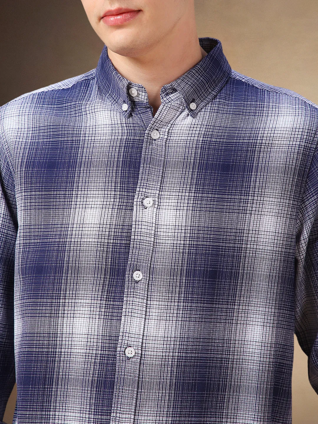 Men's Navy Blue Checks Button Down Collar Full Sleeves Shirt