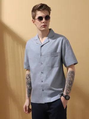 Men's Solid Textured Cuban Collar Half Sleeves Casual Shirt