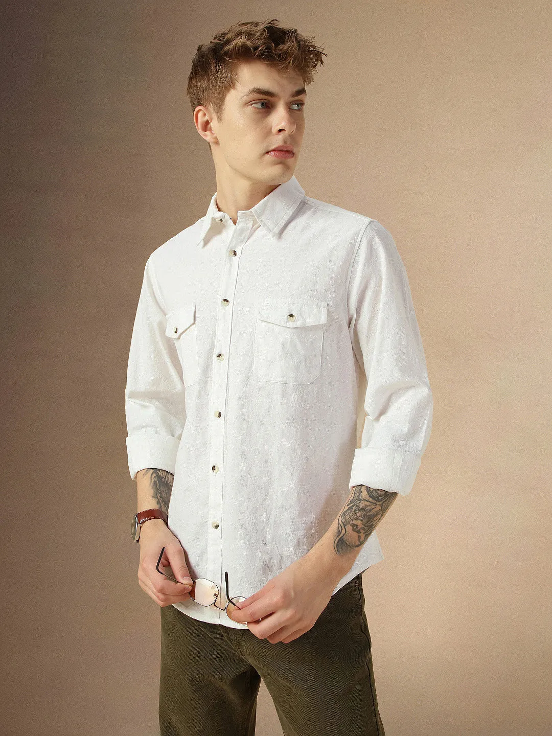 Men's White Cotton Spread Collar Full Sleeves Solid Shirt