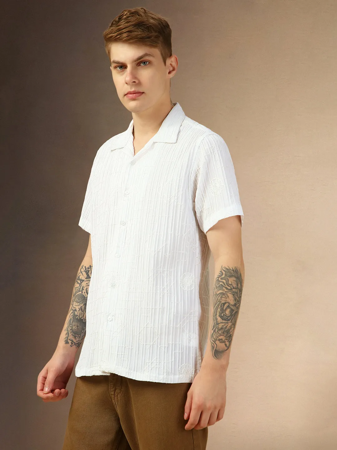 Men's White Textured Cuban Collar Half Sleeves Regular Fit Shirt