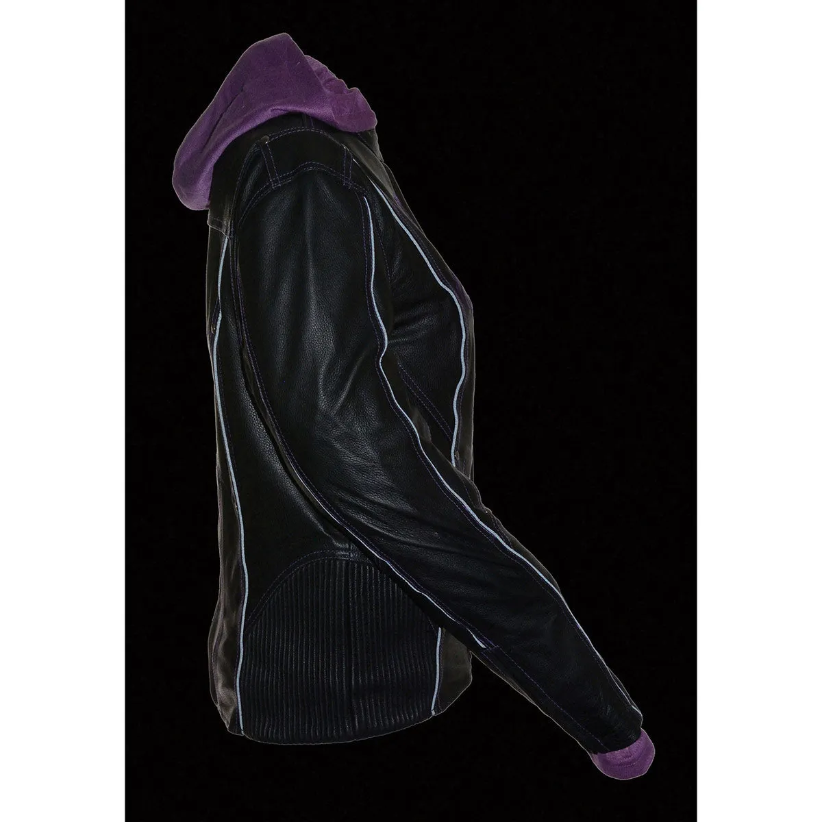 Milwaukee Leather ML2067 Women's 3/4 Black and Purple Leather Hoodie Jacket with Reflective Tribal Design