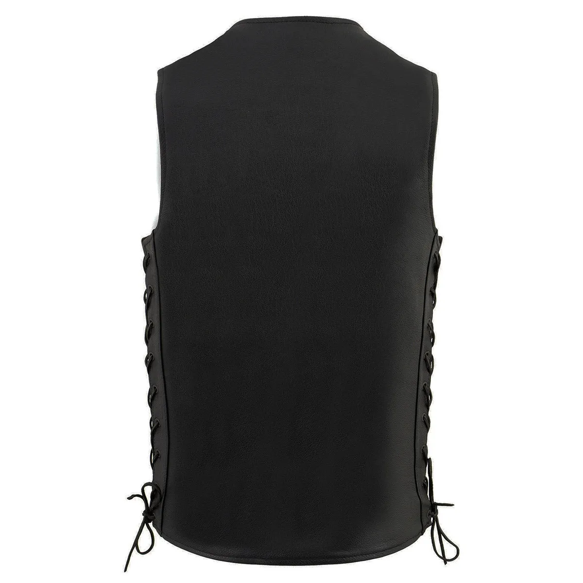 MLM3520 Men's Black Leather Vest - Classic V-Neck Straight Bottom Side Lace Motorcycle Rider Vest