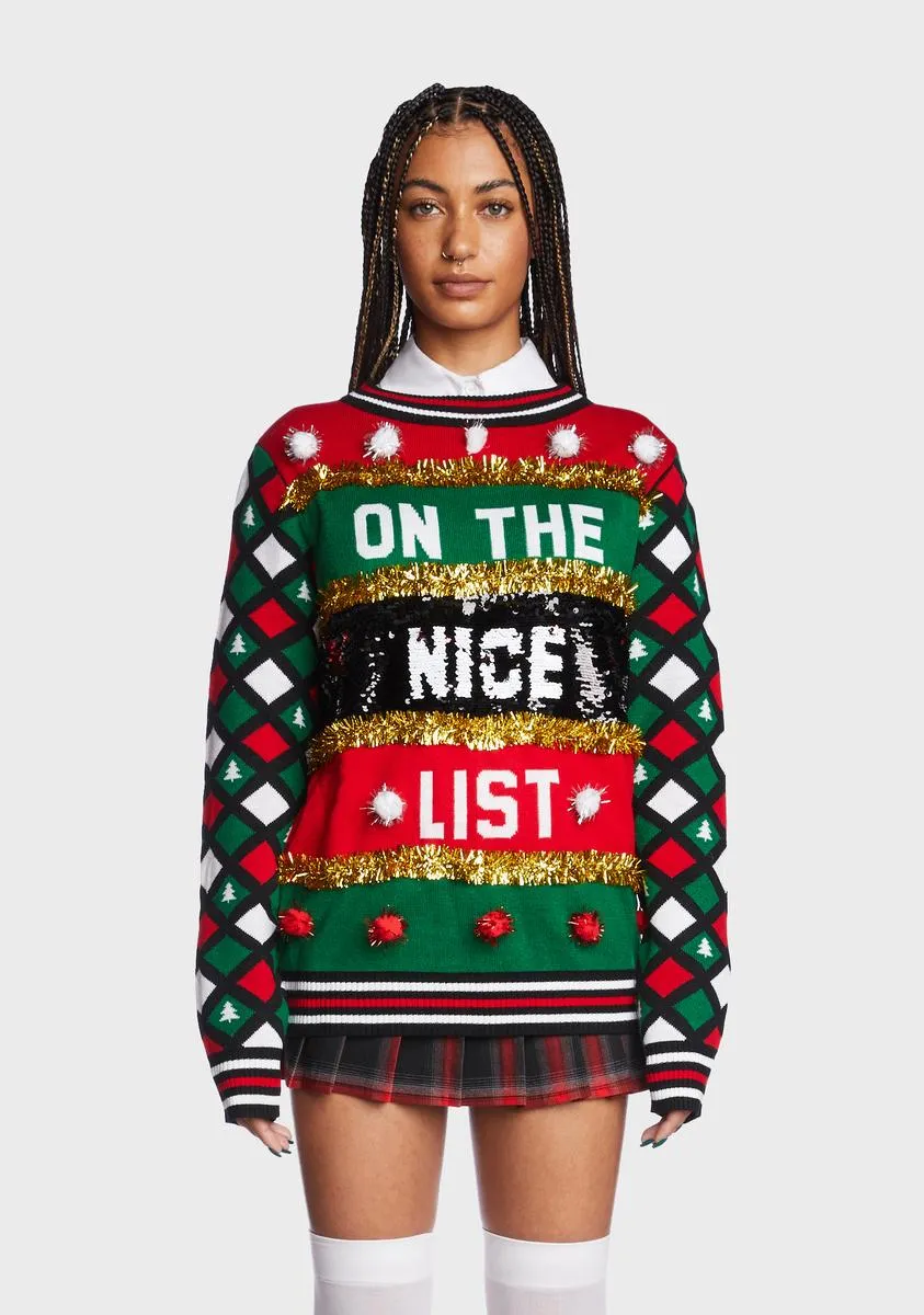 Naughty Or Nice Reversible Sequin Ugly Christmas Sweater