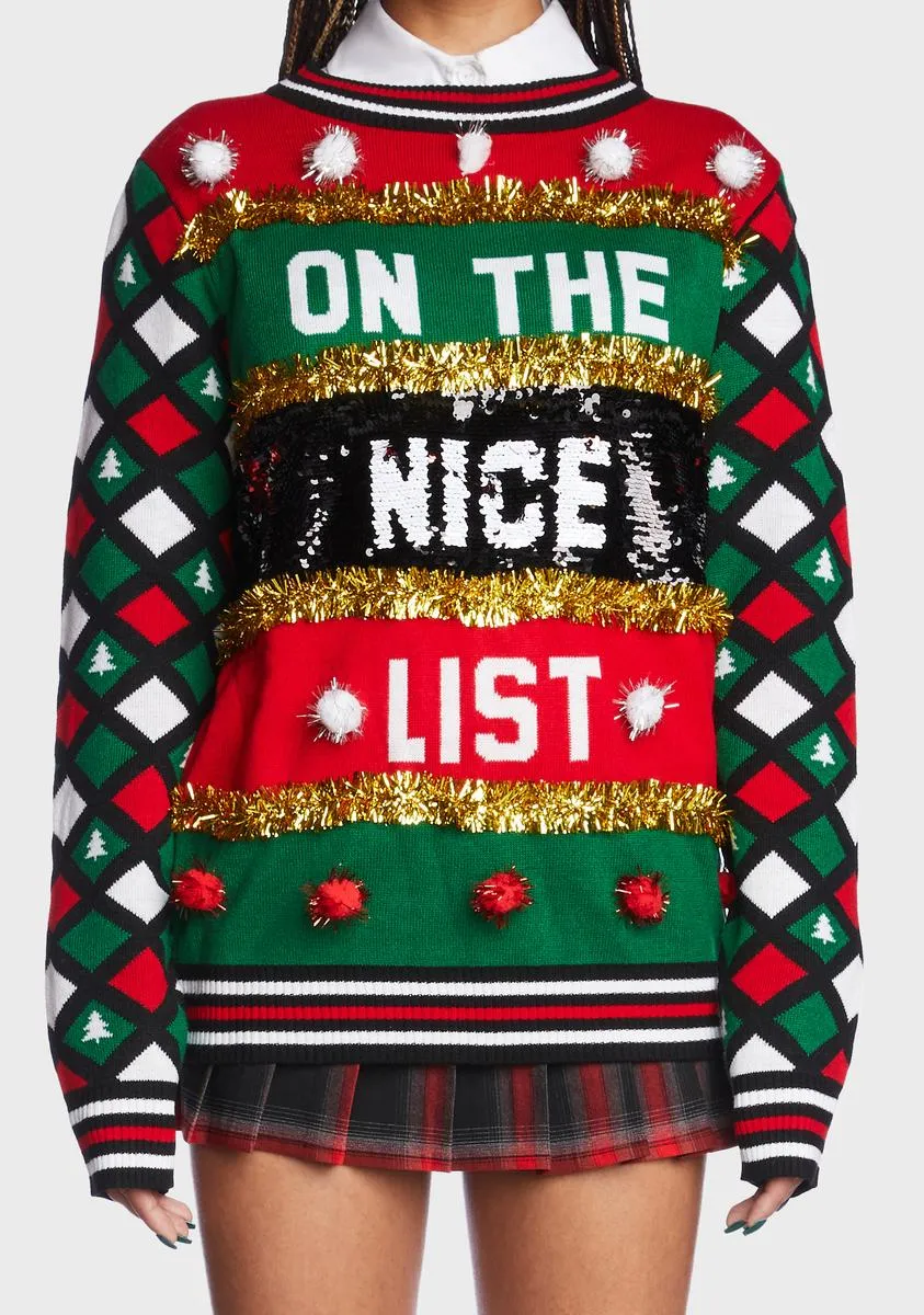 Naughty Or Nice Reversible Sequin Ugly Christmas Sweater