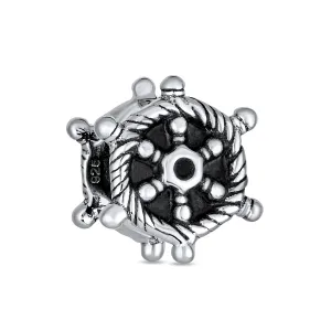 Nautical Boat Ship Wheel Charm Bead in Oxidized Sterling Silver for Bracelets