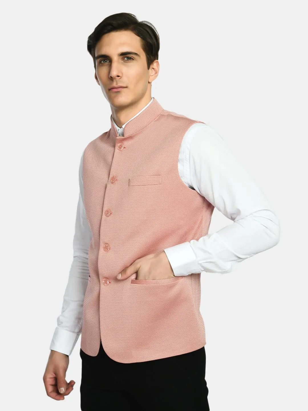 Pantone Peach Knitted Solid Nehru Jacket