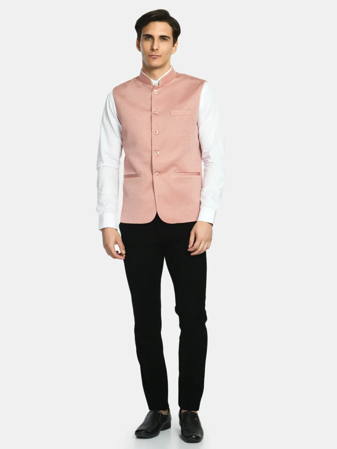 Pantone Peach Knitted Solid Nehru Jacket