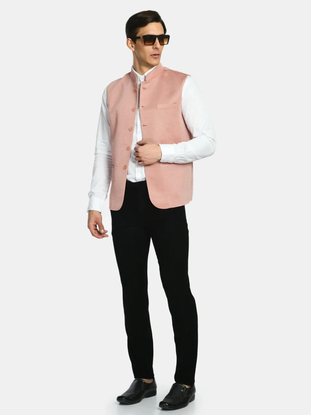 Pantone Peach Knitted Solid Nehru Jacket