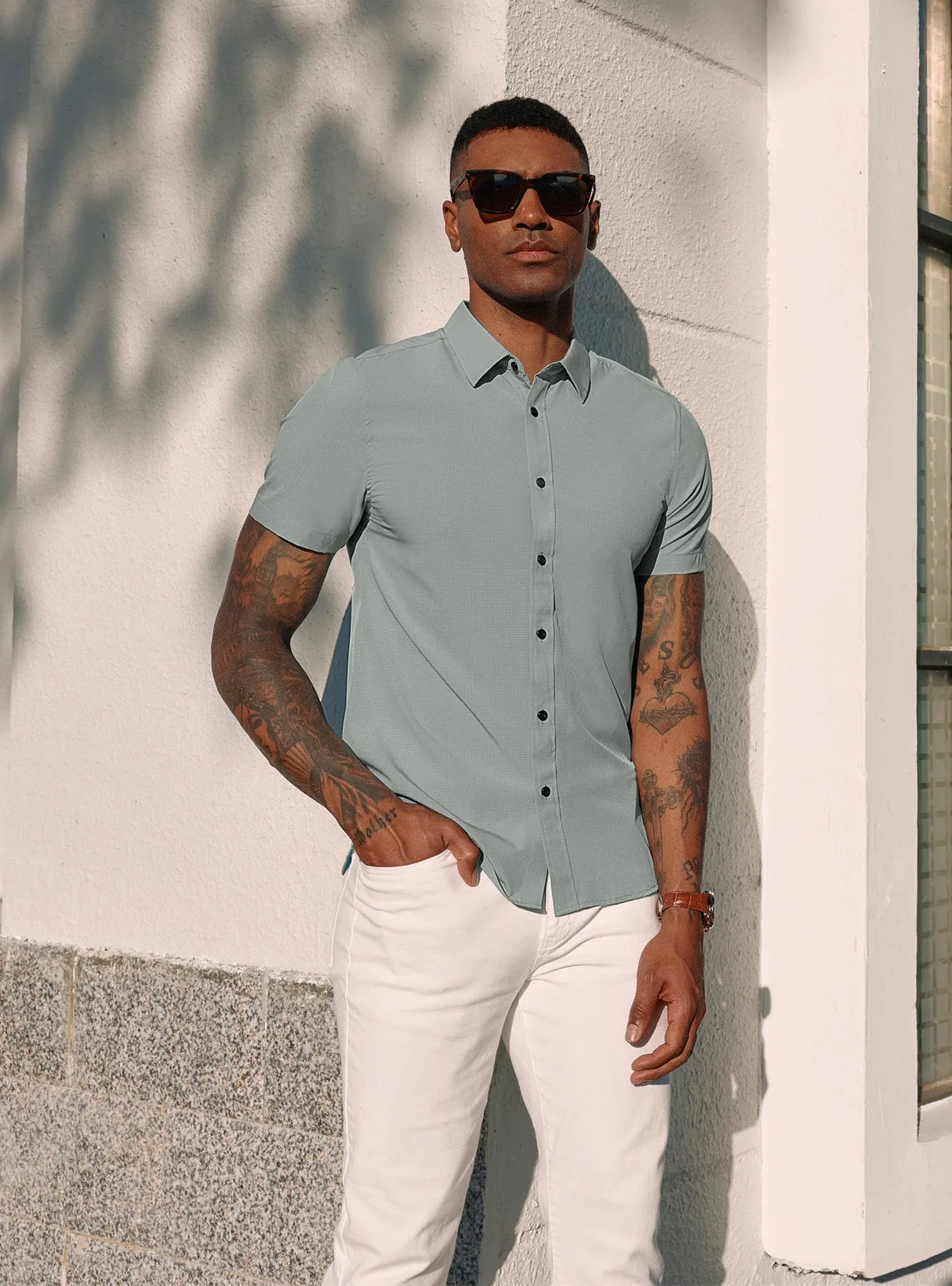 PJ Paul Jones Men Stylish Basic Shirt Short Sleeve Classic Collar Button-up Shirt Tops