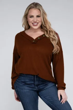 Plus Brushed Waffle V-Neck Button Detail Sweater