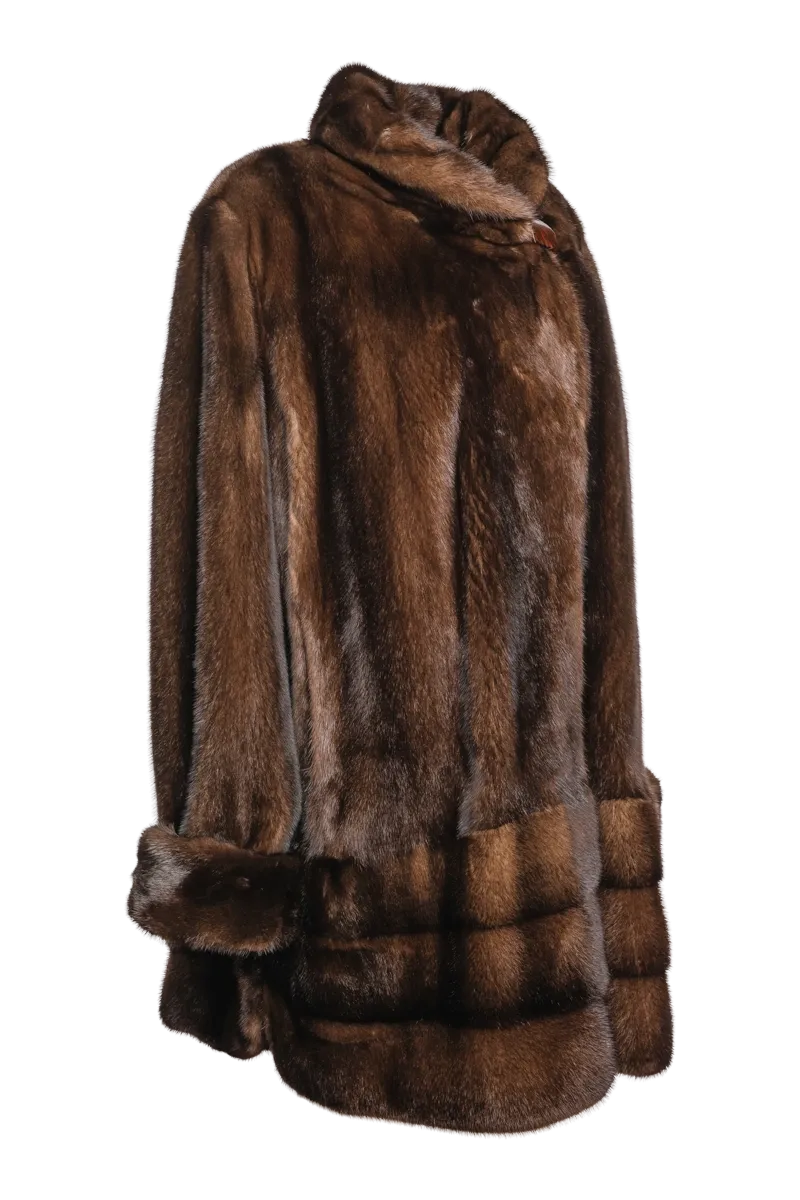 Plus Size Fashionable Mid Length Mink Fur Coat - Shawl Collar - Horizontal Hem